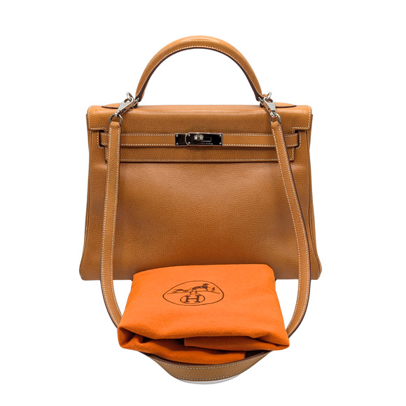 HERMES Tan Toffee Vache Liegee Leather Palladium Retourne Hardware Kelly 32 Bag - Picture 1 of 15